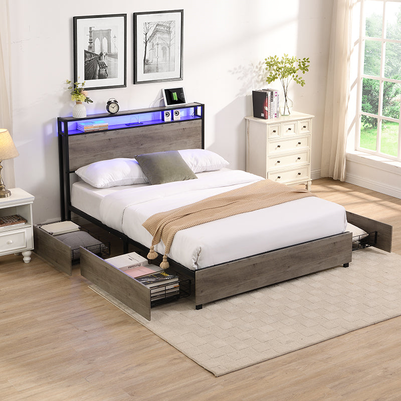 Full Size Bed Frame with Storage Headboard – Built-In Charging Station, Solid & Noise-Free Design, No Box Spring Needed
