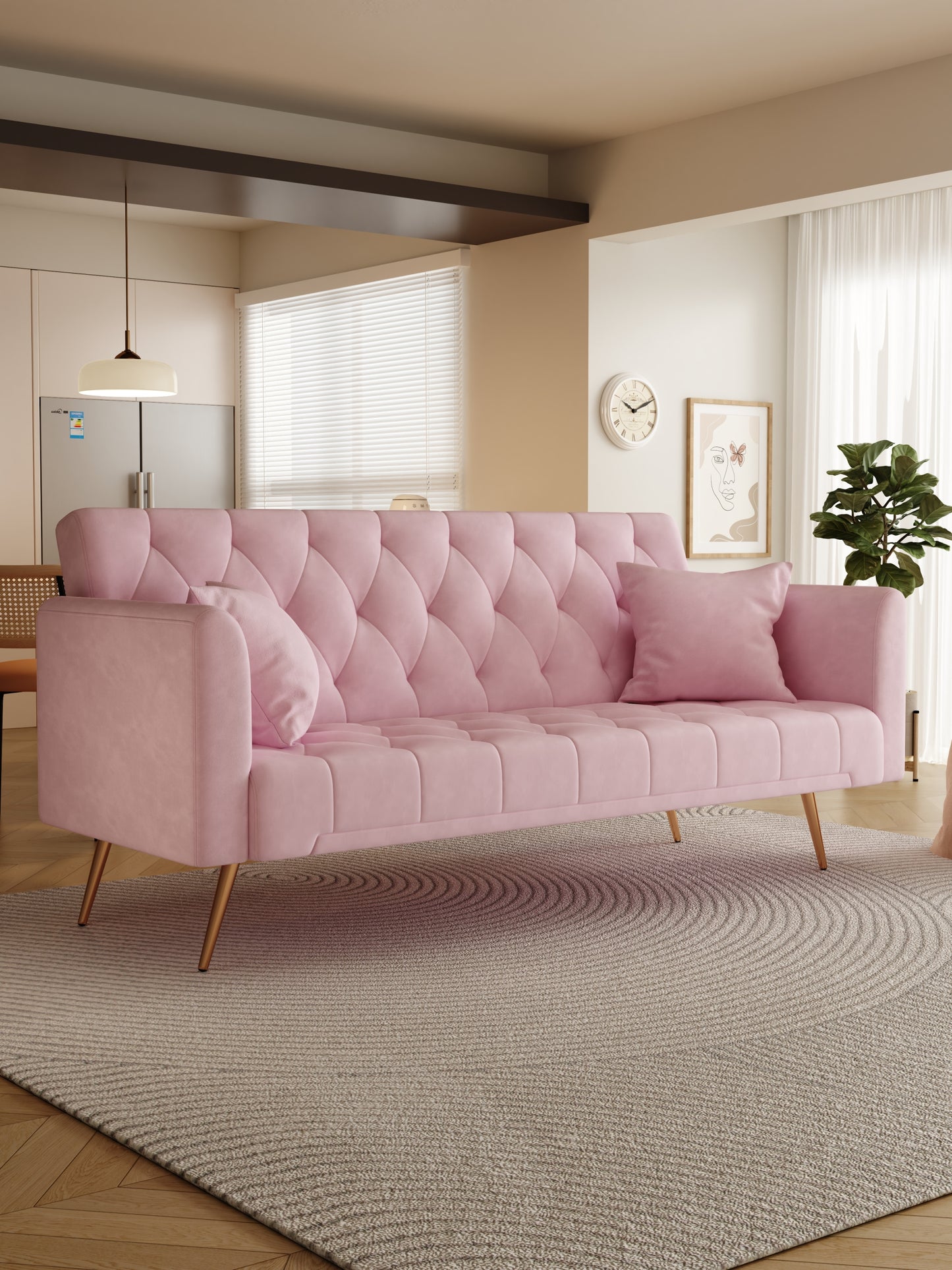 71″ Pink Velvet Convertible Loveseat Sofa – Retro American Style for Small Living Rooms, Bedrooms & Offices