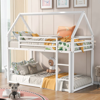 White Twin Over Twin House Bunk Bed – Fun Design with Built-In Ladder for Kids’ Bedroom