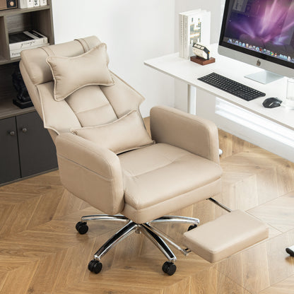 Beige High-Back Swivel Office Chair – Ergonomic Reclining Computer Chair with Lumbar Support, Headrest & Tech Leather Upholstery