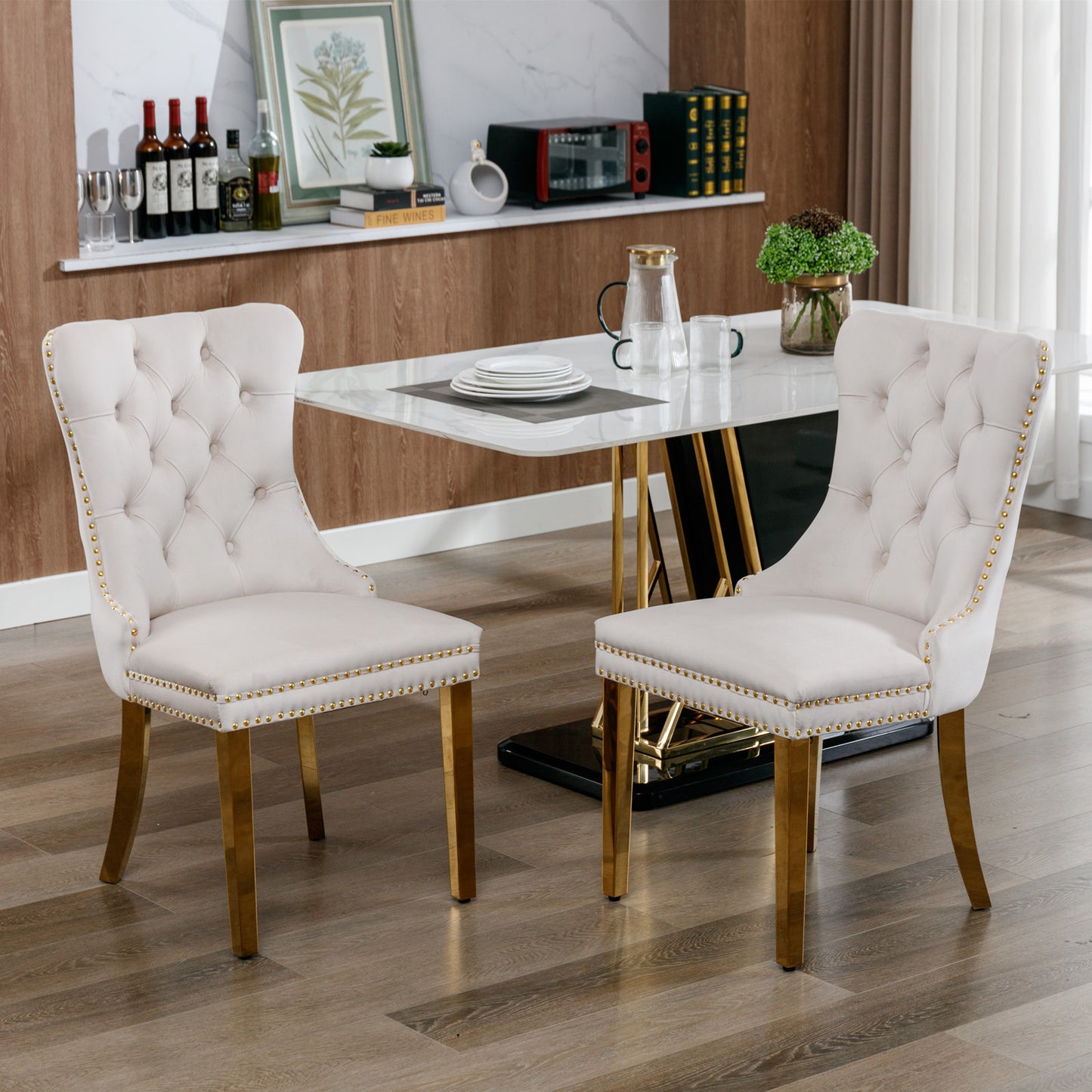 Set of 2 Beige Velvet Dining Chairs – Modern Tufted Design with Nailhead Trim & Gold Legs