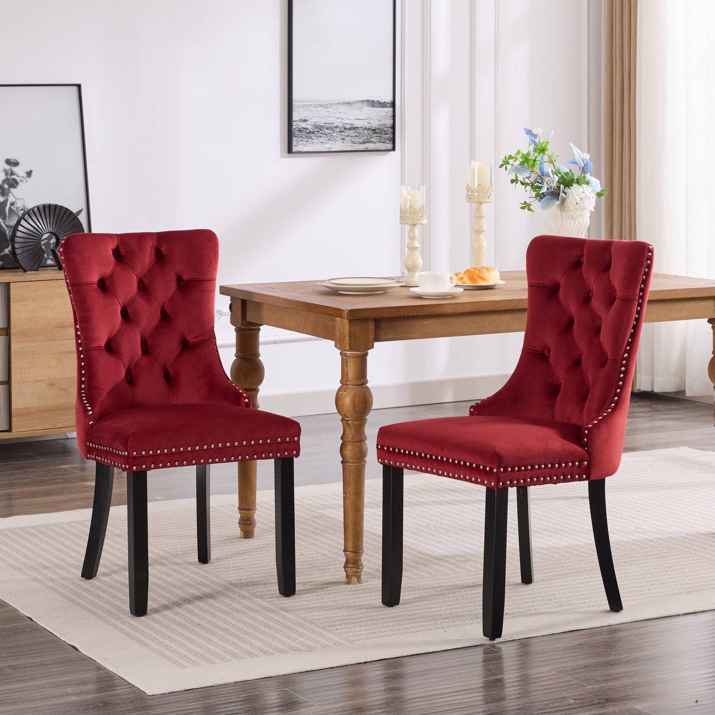 Set of 2 Burgundy Velvet Dining Chairs – Classic Tufted Upholstery with Nailhead Trim & Wood Legs