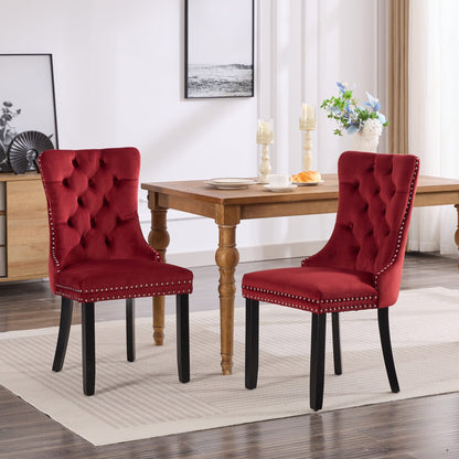 Set of 2 Burgundy Velvet Dining Chairs – Classic Tufted Upholstery with Nailhead Trim & Wood Legs