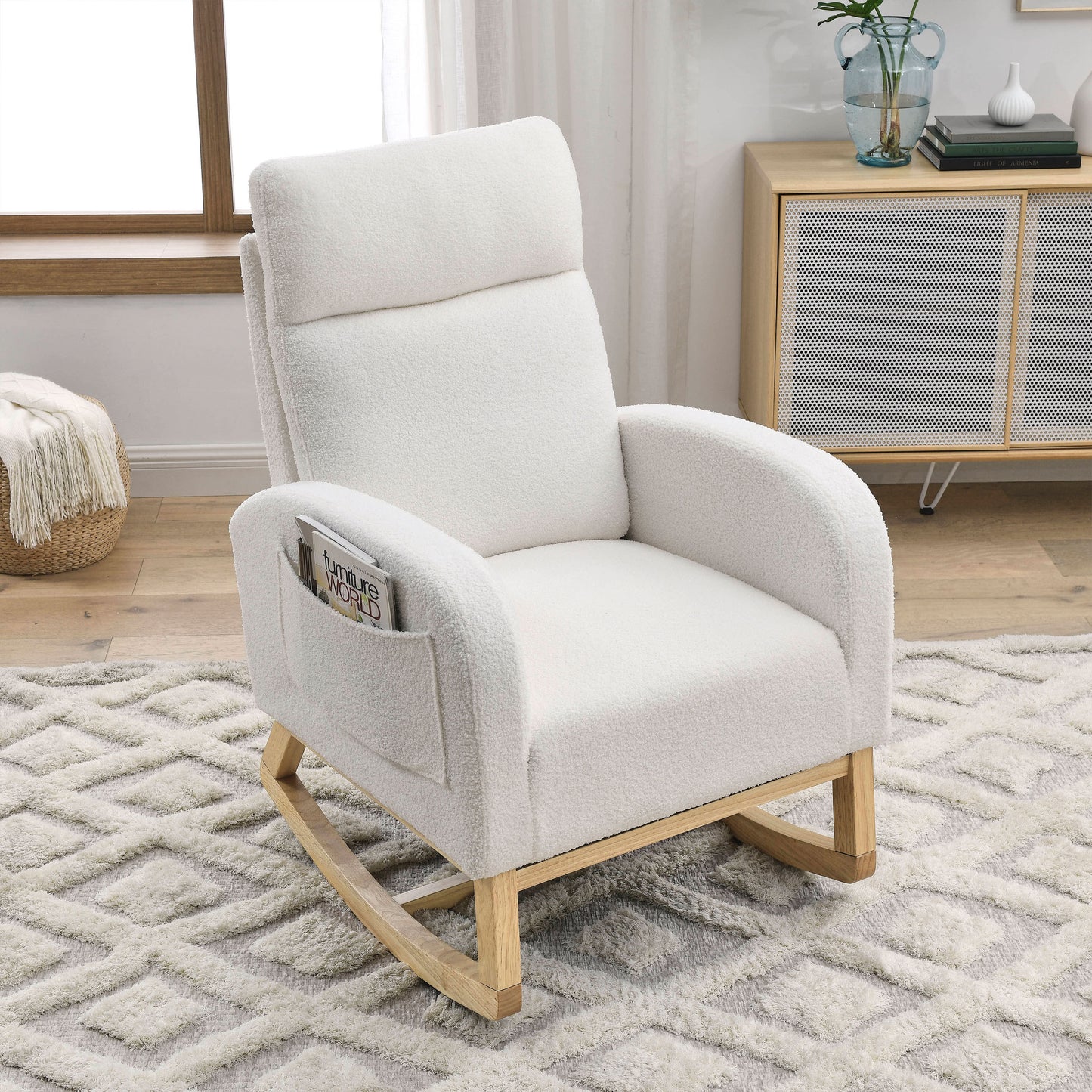 Ivory Teddy Fabric Rocking Lounge Chair – Modern High-Back Accent Chair with Side Pockets, 27.6″ Wide