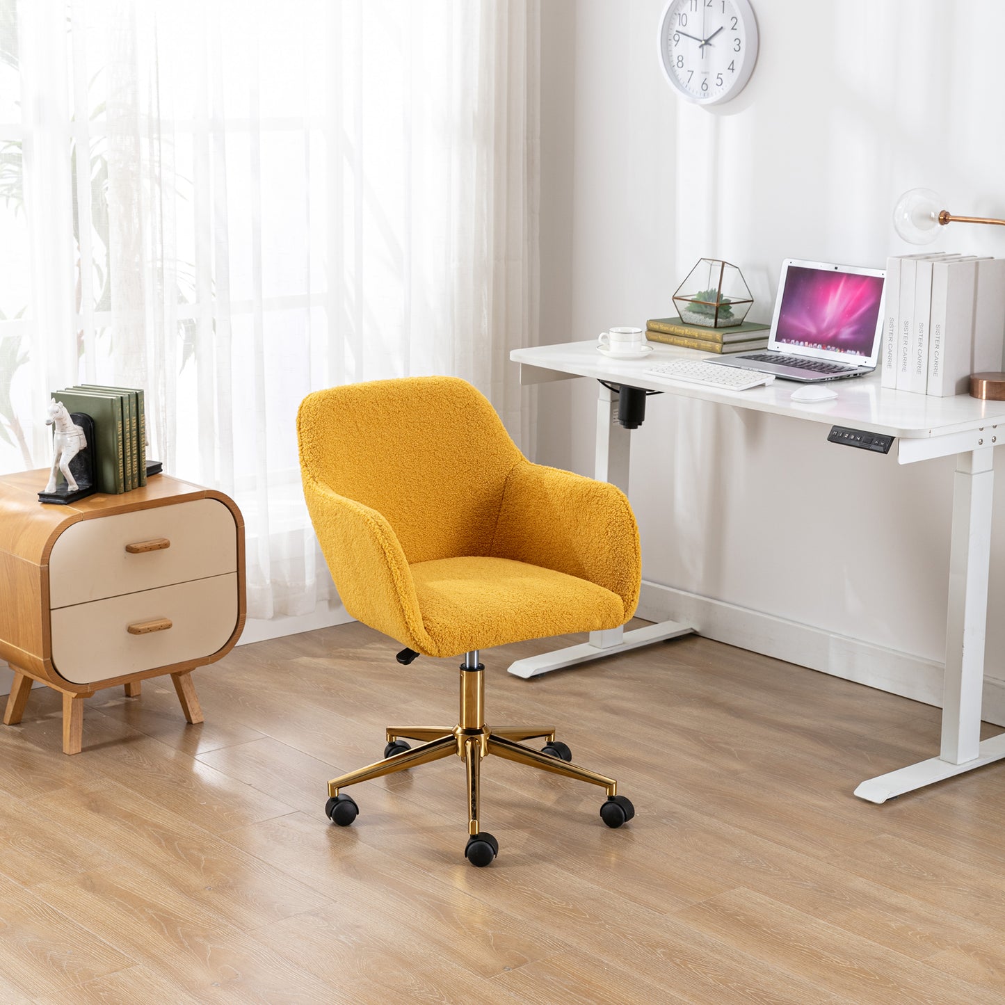 Yellow Teddy Fabric Office Chair – Adjustable Height 360° Swivel Design with Gold Metal Legs & Wheels