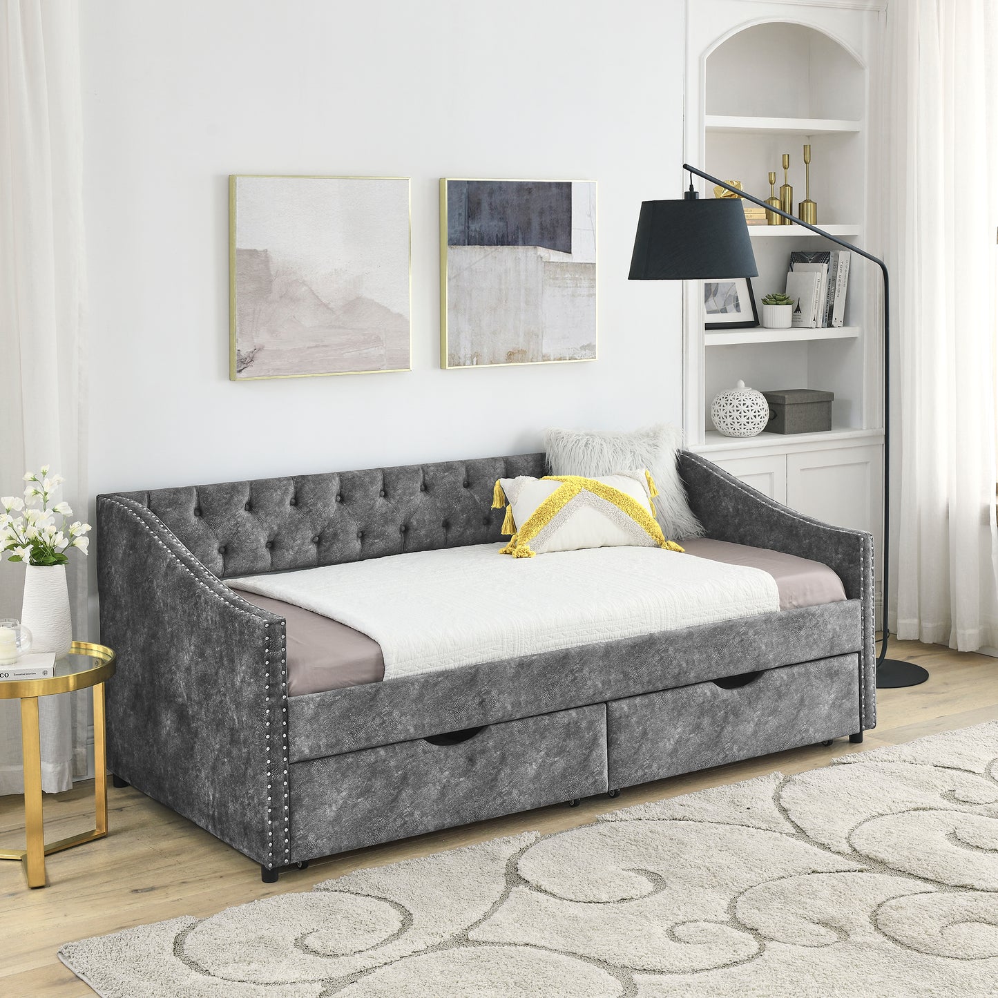 Twin Size Grey Upholstered Daybed with Drawers – Tufted Sofa Bed with Button Back & Copper Nailhead Trim