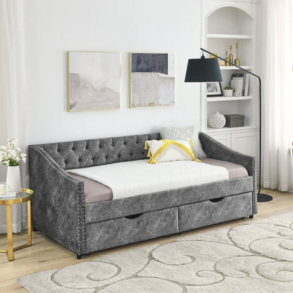Twin Size Grey Upholstered Daybed with Drawers – Tufted Sofa Bed with Button Back & Copper Nailhead Trim