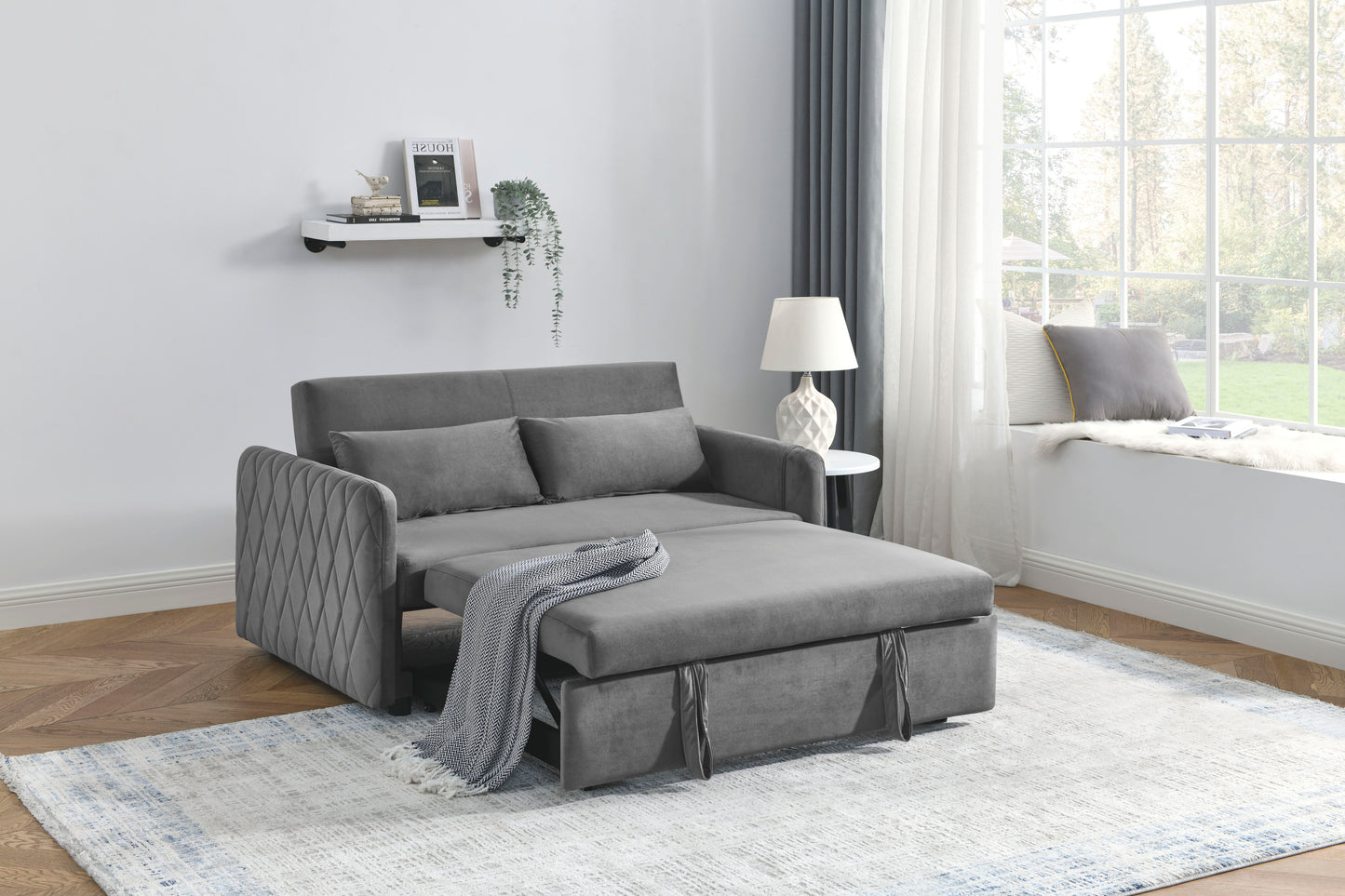 55″ Modern Velvet Convertible Sofa Bed – Pull-Out Loveseat with Adjustable Backrest, Detachable Arm Pockets & Pillows