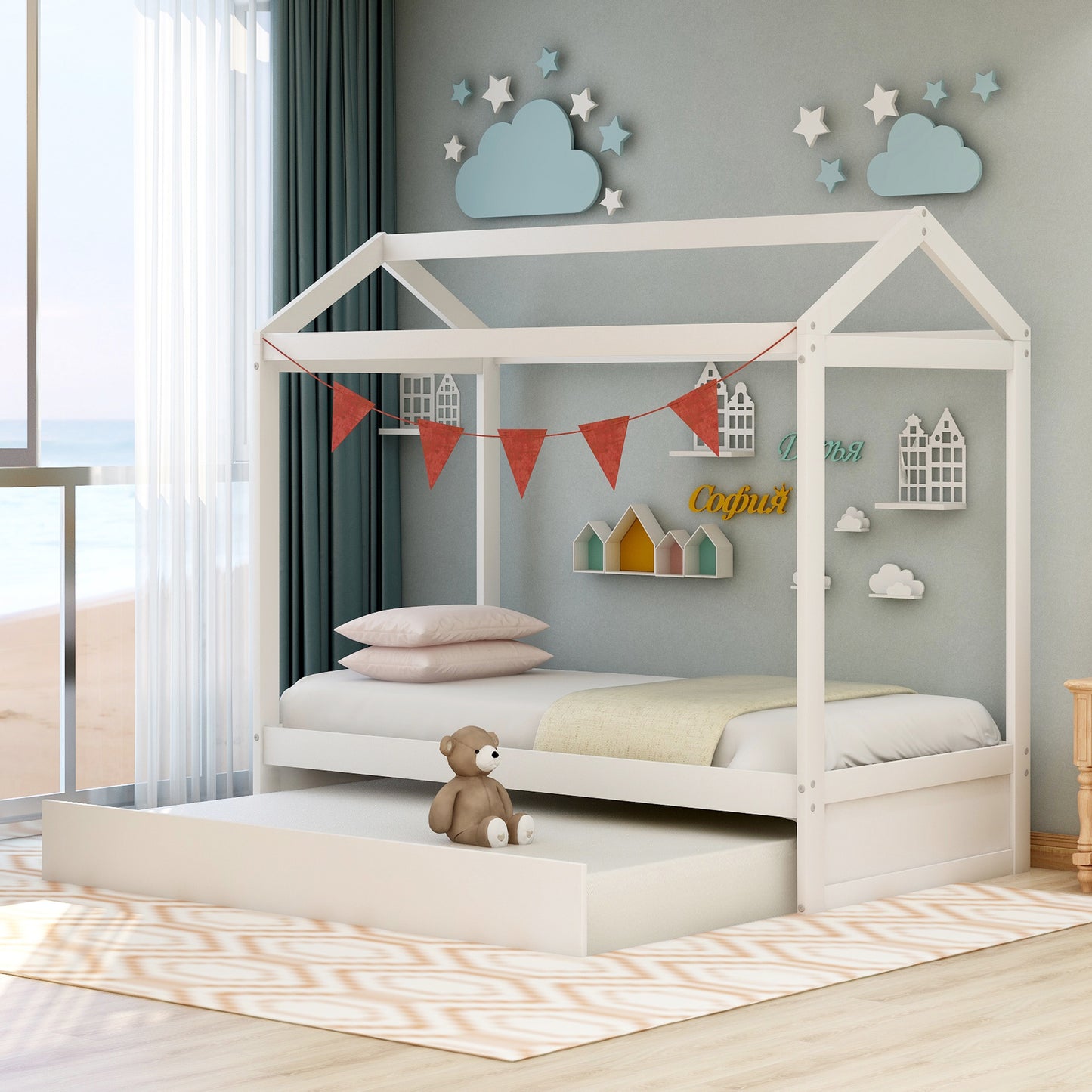 White House Bed with Trundle – Playful Design, Perfect for Kids’ Rooms and Easy to Decorate