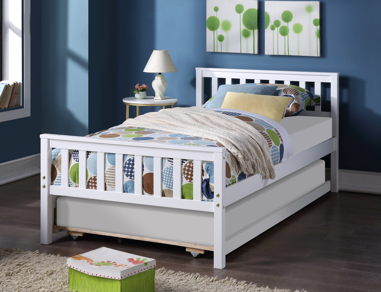 White Twin Platform Bed with Trundle – Space-Saving Frame with Headboard & Footboard, No Box Spring Needed
