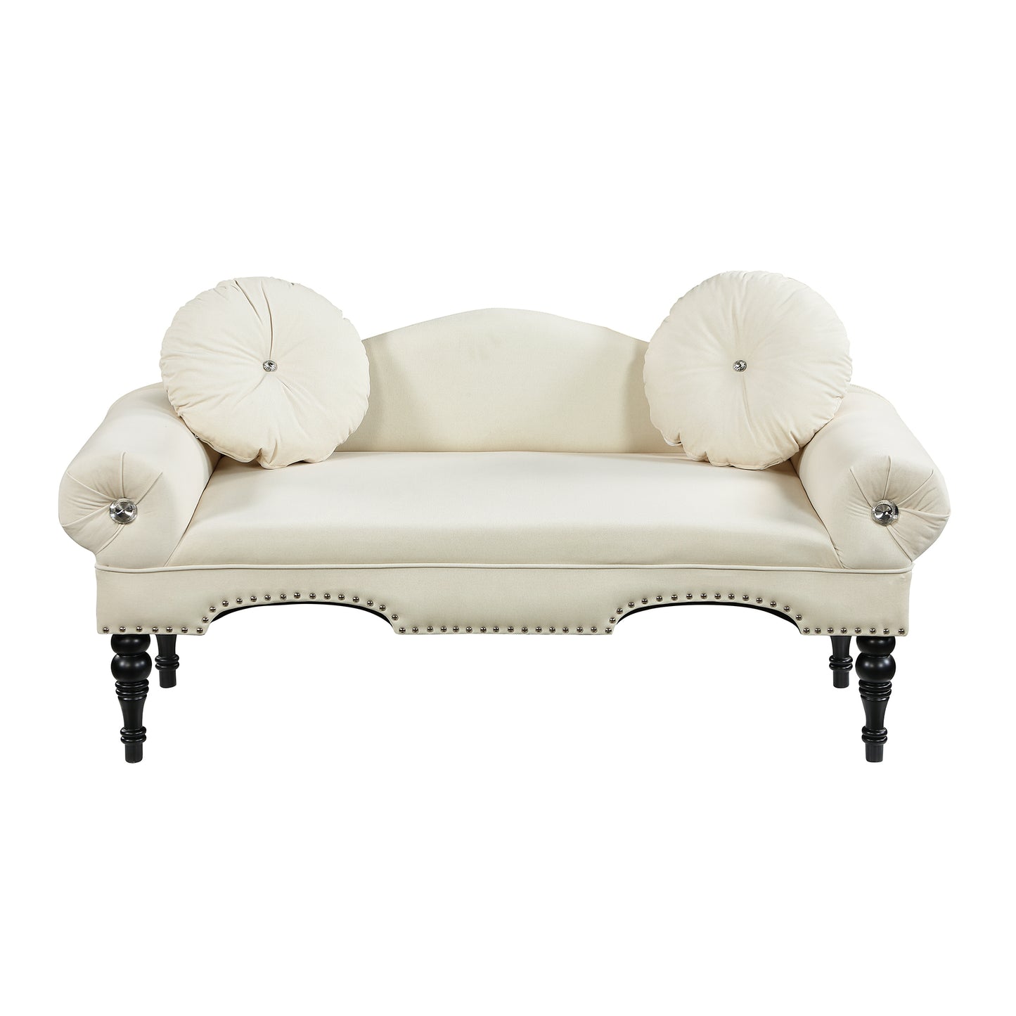 Beige 54″ Velvet Loveseat Sofa – Modern 2-Seater Bench with Nailhead Trim, Wood Legs & Accent Pillows for Living Room or Bedroom