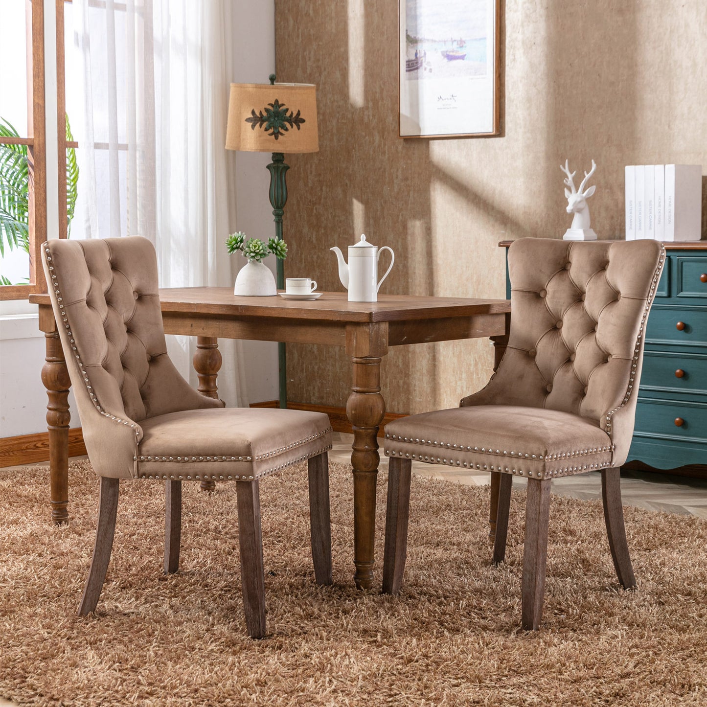 Set of 2 Khaki Velvet Dining Chairs – Modern Tufted Upholstery with Nailhead Trim & Wood Legs