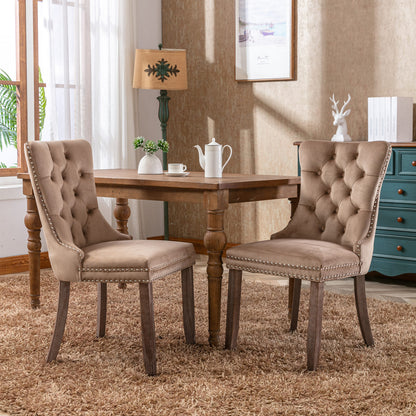 Set of 2 Khaki Velvet Dining Chairs – Modern Tufted Upholstery with Nailhead Trim & Wood Legs