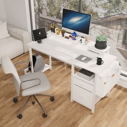 47.3″ White Office Desk with Power Outlet – Dual Monitor Stands, Drawers & Side Pocket, Reversible Stable Frame for Home or Gaming Setup