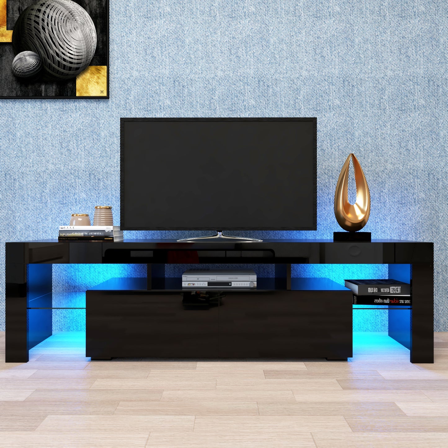 Modern Black LED TV Stand – 20 Color Lighting with Remote Control
