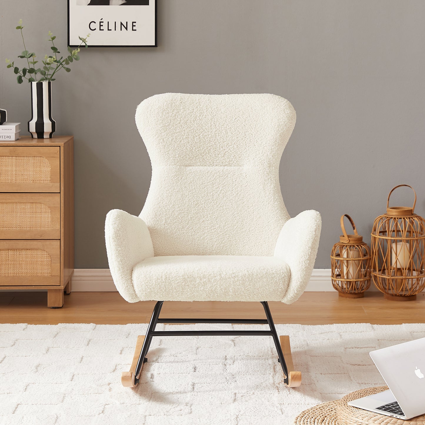 Off-White Teddy Fabric Rocking Chair – Cozy Modern Accent Chair