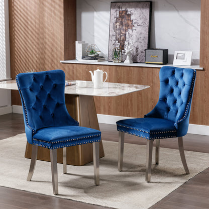 Set of 2 Blue Velvet Dining Chairs – Modern Tufted Upholstery with Nailhead Trim & Chrome Legs