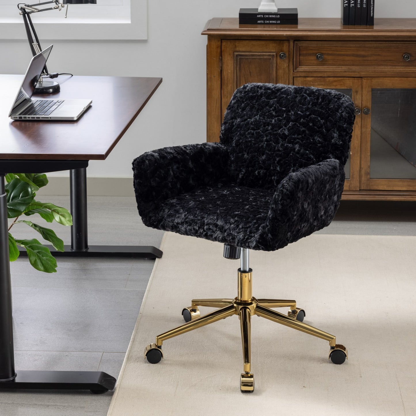 Black Artificial Rabbit Hair Office Chair – Adjustable Swivel Desk Chair with Gold Metal Base