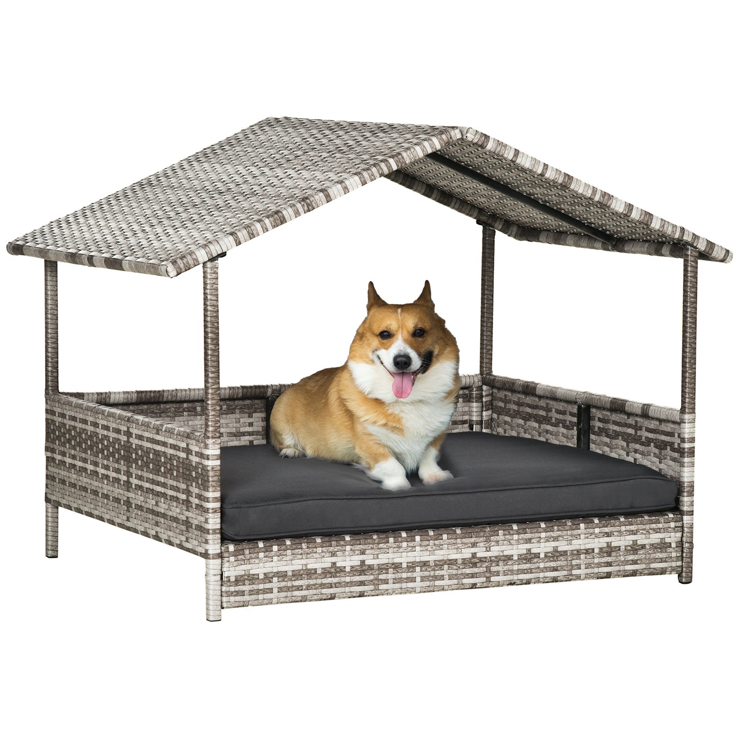 Outdoor Wicker Dog House with Canopy – Rattan Pet Bed with Water-Resistant Cushion for Small & Medium Dogs, Cream
