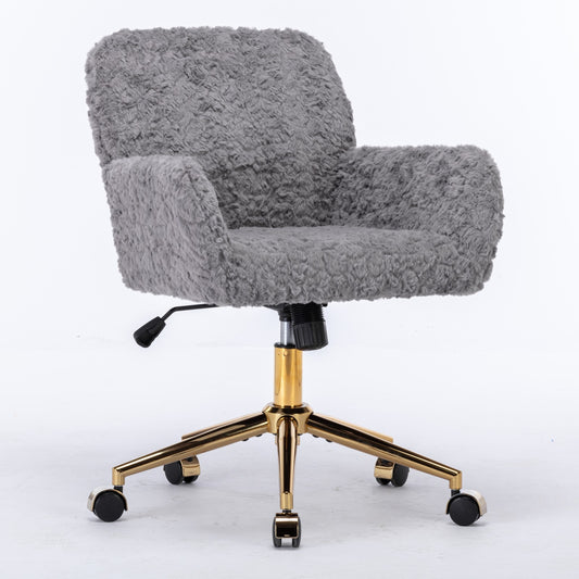 Gray Artificial Rabbit Hair Office Chair – Adjustable Swivel Desk Chair with Gold Metal Base