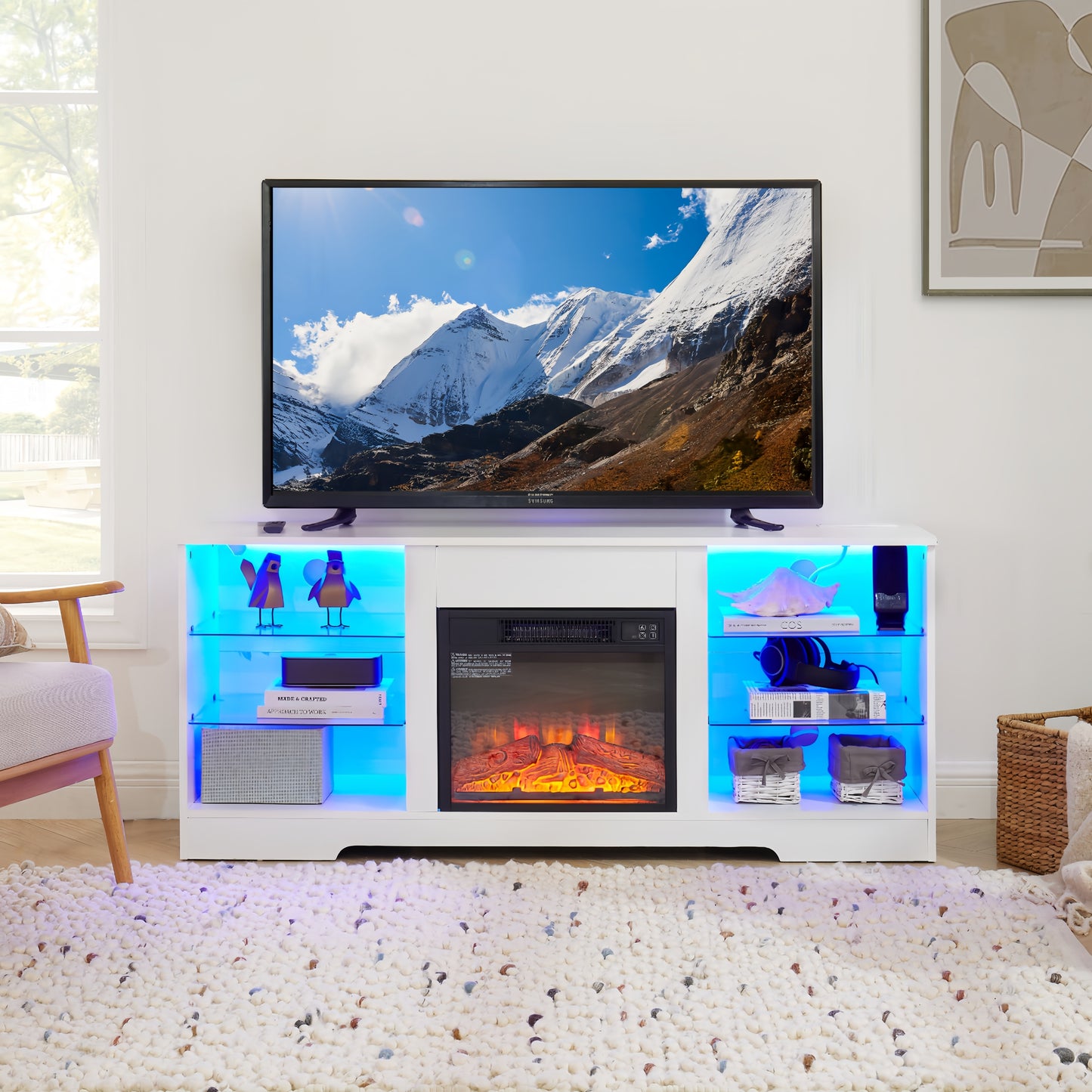 White Electric Fireplace TV Stand – 58″ Modern Media Console with Glass Shelves, LED Lights & USB Charging for TVs up to 62″