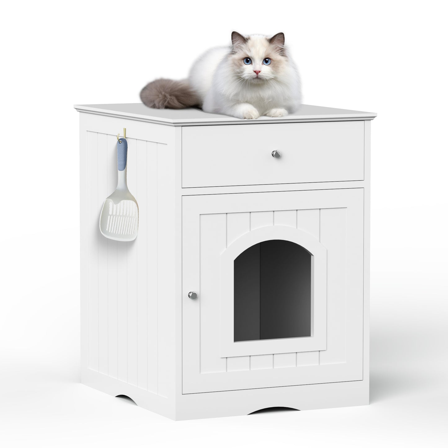 White Wooden Cat Litter Box Enclosure with Drawer – Indoor Pet House & Nightstand Side Table