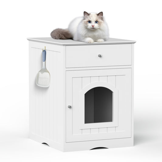 White Wooden Cat Litter Box Enclosure with Drawer – Indoor Pet House & Nightstand Side Table