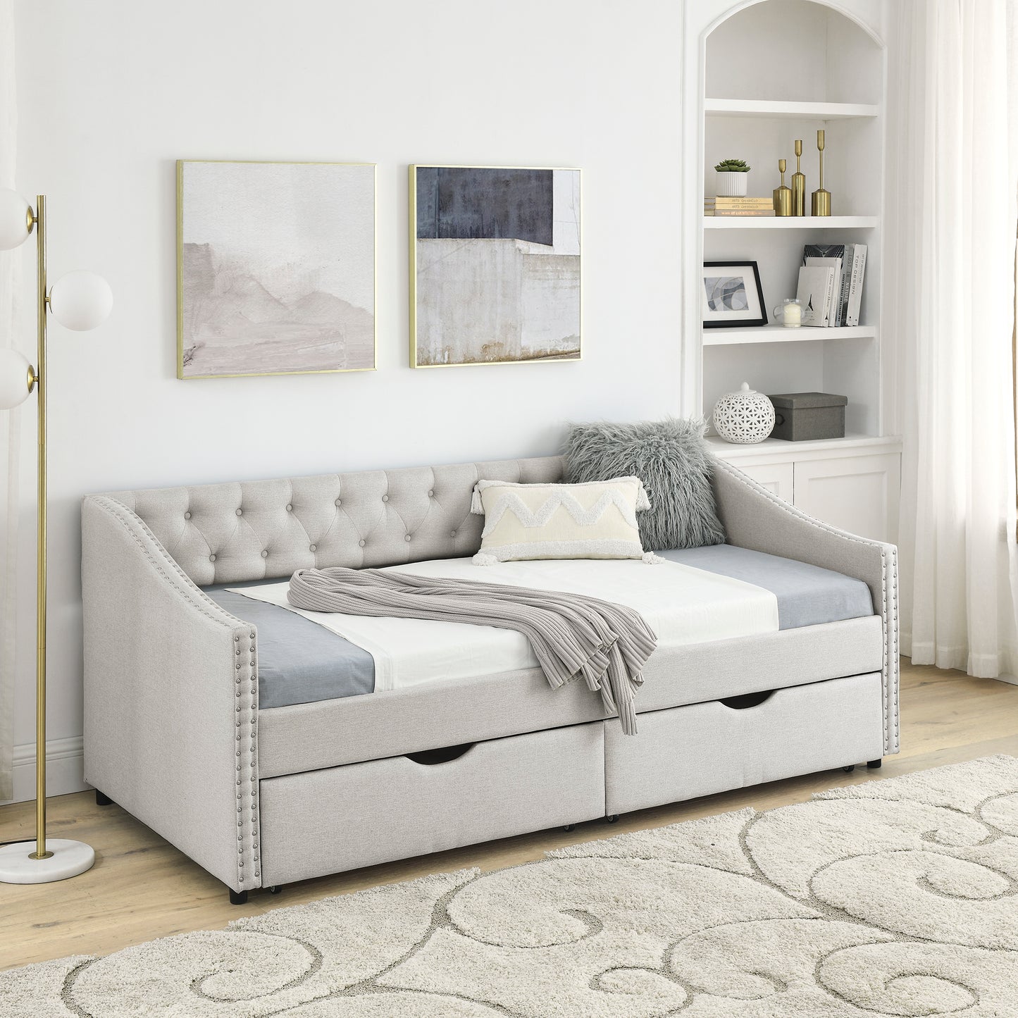 Twin Size Beige Upholstered Daybed with Drawers – Tufted Sofa Bed with Button Back & Copper Nailhead Trim