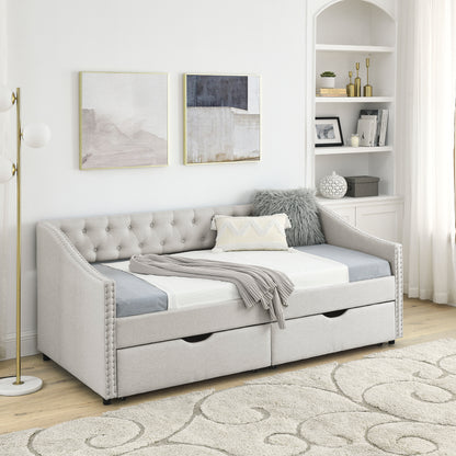 Twin Size Beige Upholstered Daybed with Drawers – Tufted Sofa Bed with Button Back & Copper Nailhead Trim