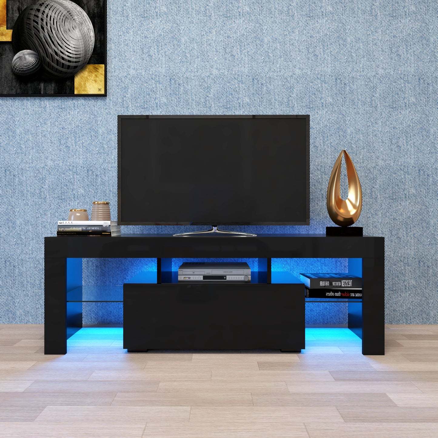 Black TV Stand with RGB LED Lights – Modern Entertainment Cabinet for Gaming Consoles & Flat Screens in Living Room or Bedroom