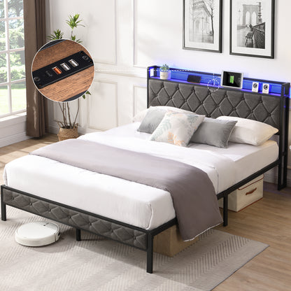 Full Size Dark Gray Upholstered Platform Bed – Storage Headboard with LED Lights & Charging Station, Sturdy Metal Slats, No Box Spring Needed