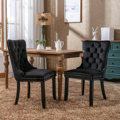 Set of 2 Black Velvet Dining Chairs – Modern Tufted Upholstery with Nailhead Trim & Wood Legs
