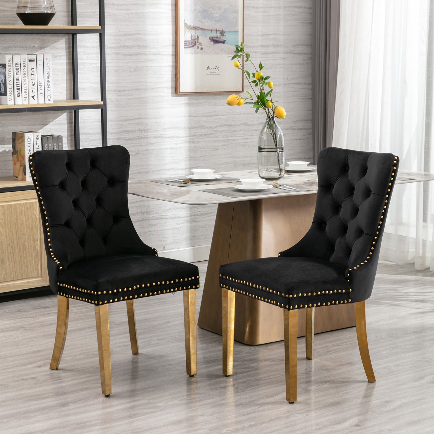 Set of 2 Black Velvet Dining Chairs – Modern Tufted Design with Nailhead Trim & Gold Legs