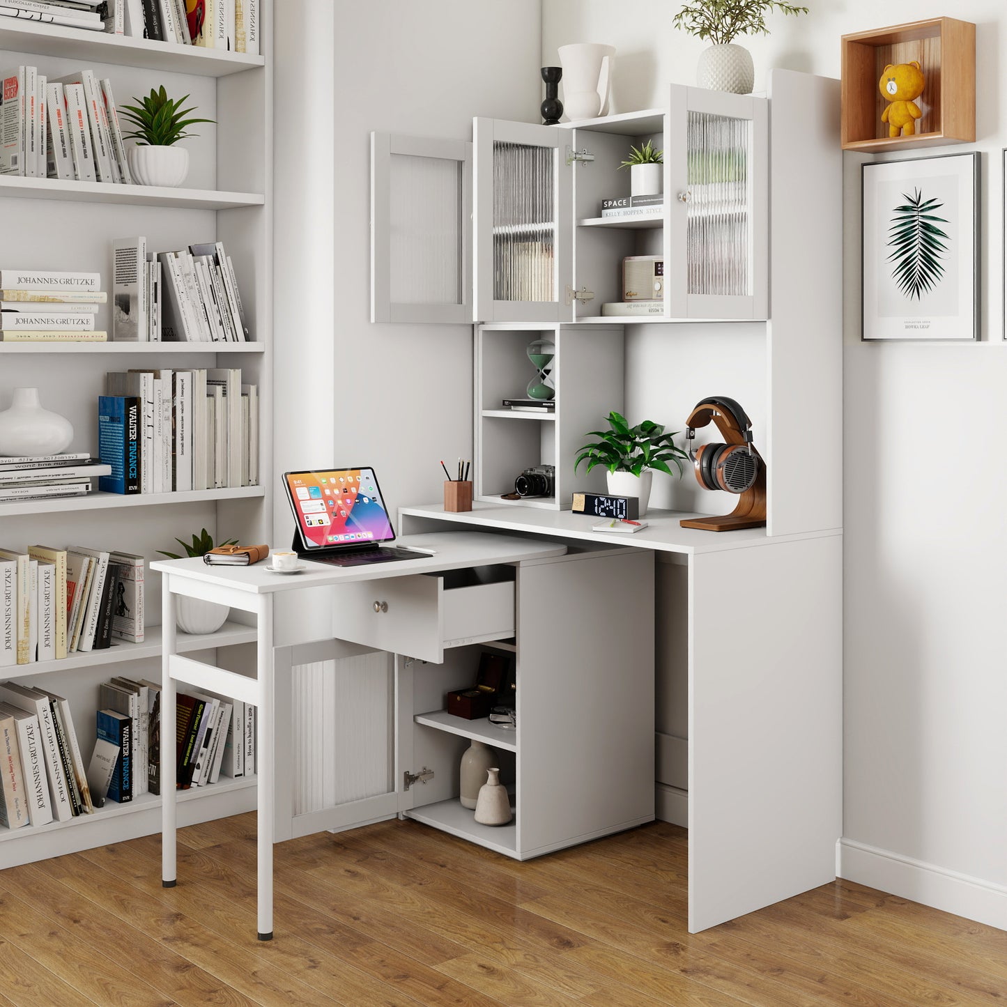 Computer Desk with Glass Door & Rotating Desktop – Spacious Home Office Study Desk with Hutch and Built-In Bookshelf, 90° Swivel Design