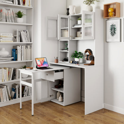 Computer Desk with Glass Door & Rotating Desktop – Spacious Home Office Study Desk with Hutch and Built-In Bookshelf, 90° Swivel Design