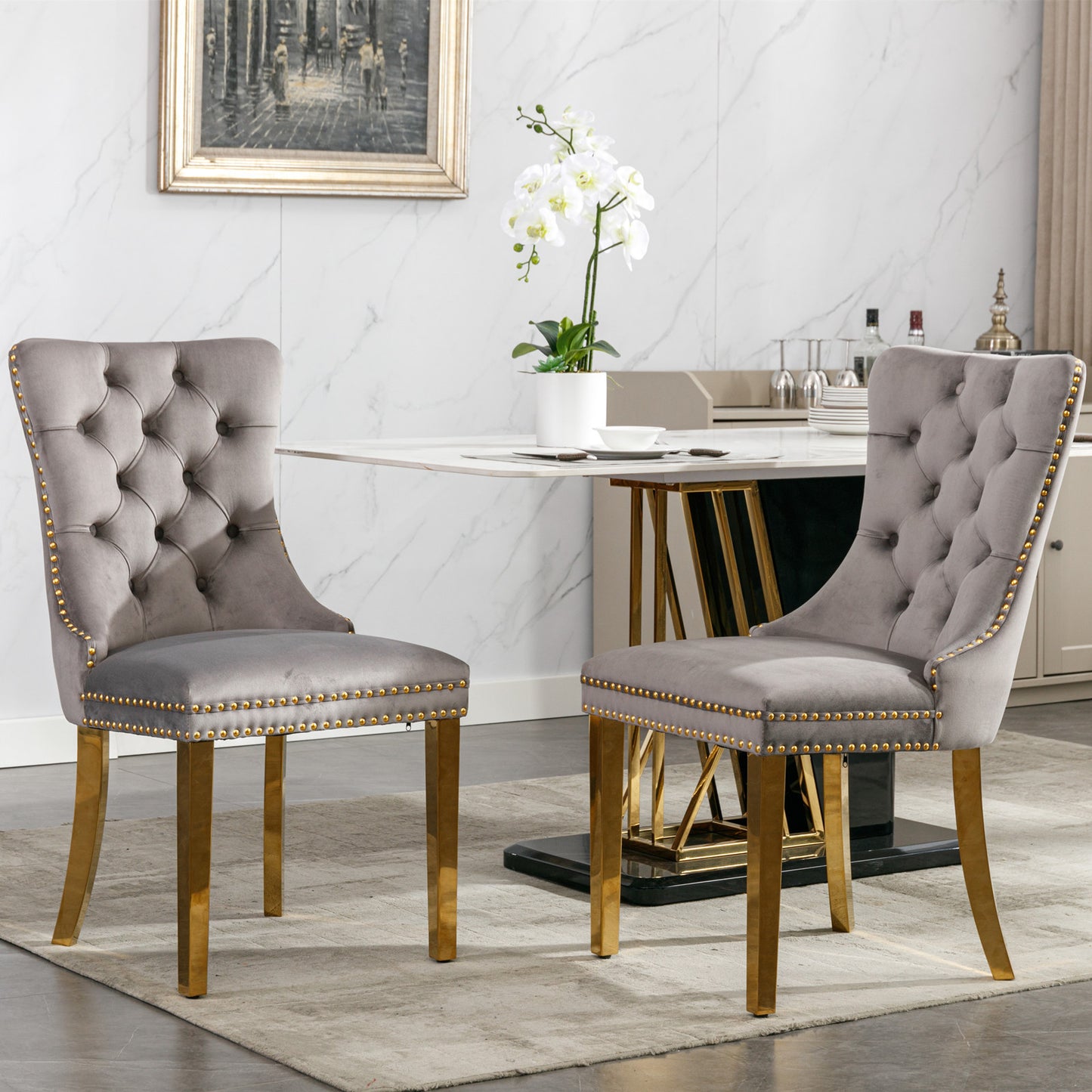 Set of 2 Gray Velvet Dining Chairs – Modern Tufted Design with Nailhead Trim & Gold Legs