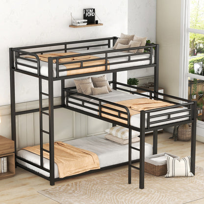 Black L-Shaped Metal Triple Twin Bunk Bed – Space-Saving Design for Shared Bedrooms