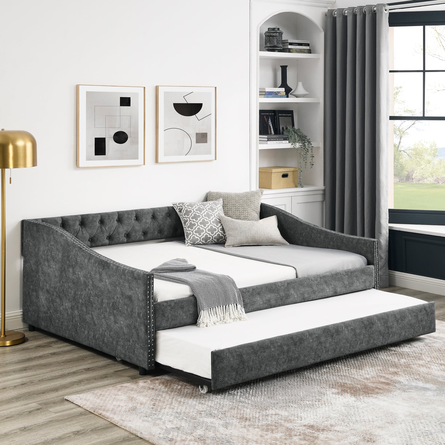 Full Size Grey Upholstered Daybed with Twin Trundle – Tufted Sofa Bed with Button Back & Copper Nailhead Trim