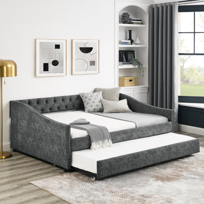 Full Size Grey Upholstered Daybed with Twin Trundle – Tufted Sofa Bed with Button Back & Copper Nailhead Trim