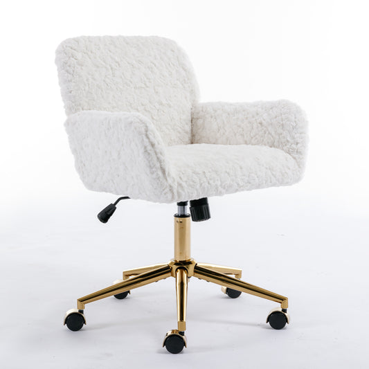 Beige Velvet Office Chair – Artificial Rabbit Hair Upholstery with Adjustable Swivel Seat & Gold Metal Base
