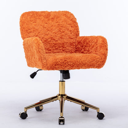 Orange Artificial Rabbit Hair Office Chair – Adjustable Swivel Desk Chair with Gold Metal Base