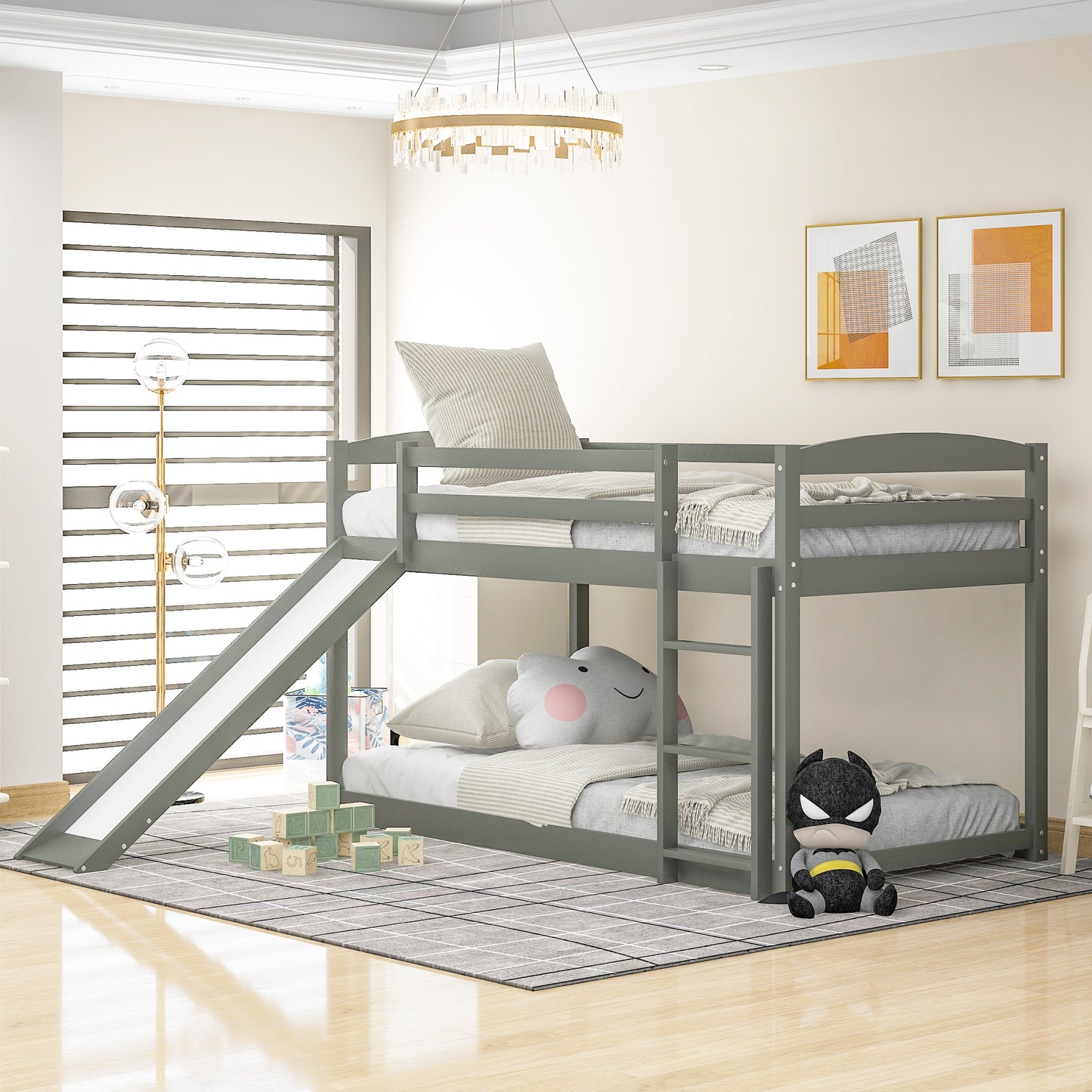 Gray Twin Over Twin Bunk Bed – Convertible Design with Slide and Built-In Ladder