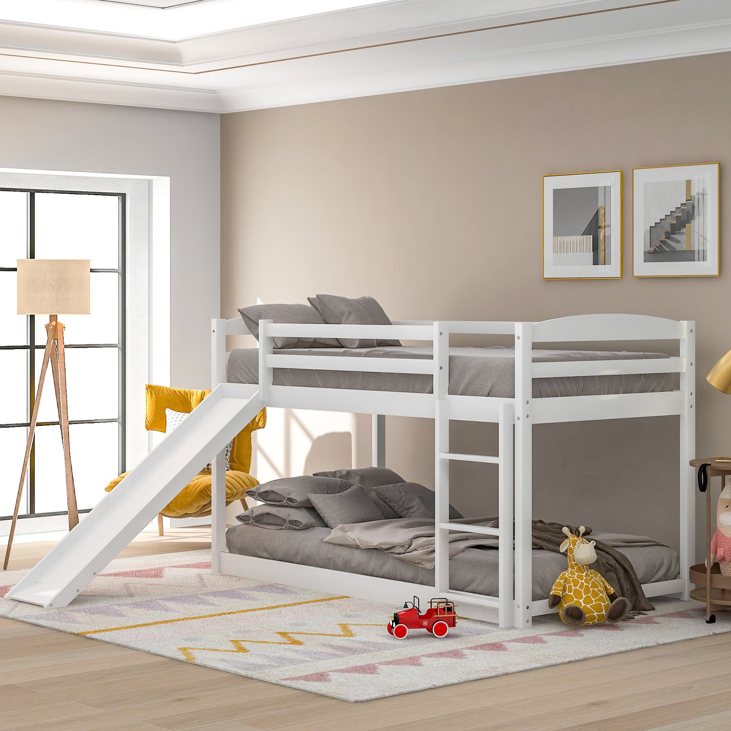 White Twin Over Twin Bunk Bed – Convertible Design with Slide and Built-In Ladder