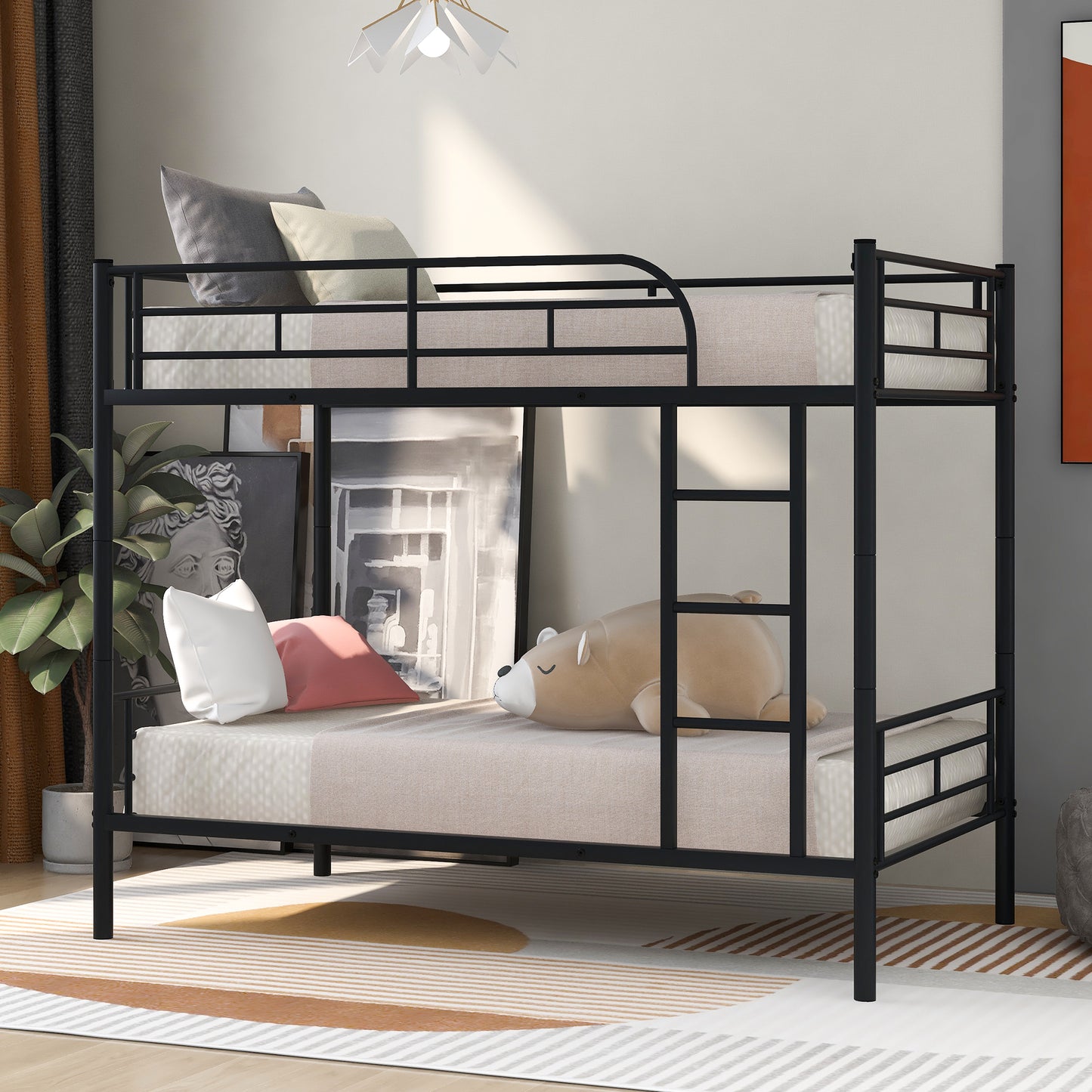 Black Twin Over Twin Metal Bunk Bed – Durable Space-Saving Frame for Kids or Guest Rooms