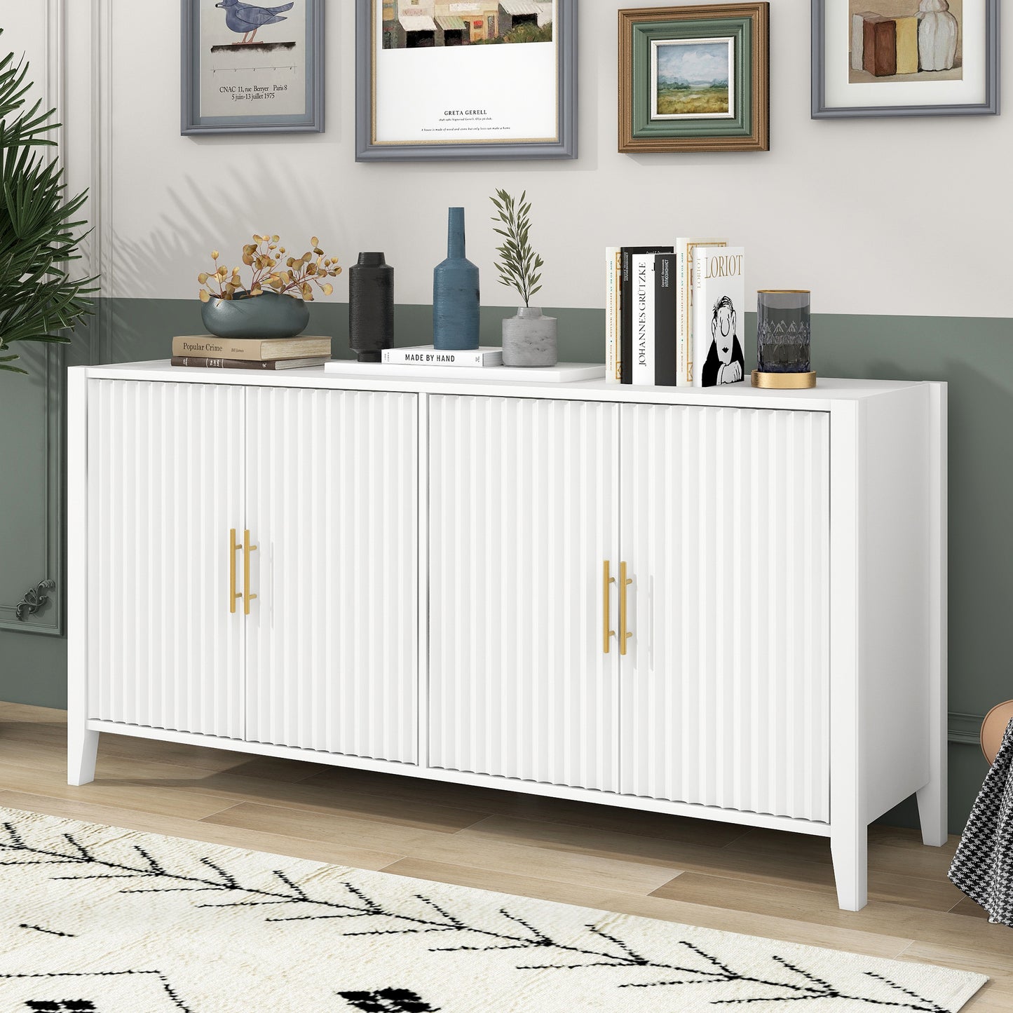 U_Style 63.1″ White Modern Sideboard – Elegant Storage Cabinet with 4 Wavy Slatted Doors, Solid Wood Legs & Metal Handles for Dining Room, Living Room, Kitchen or Entryway