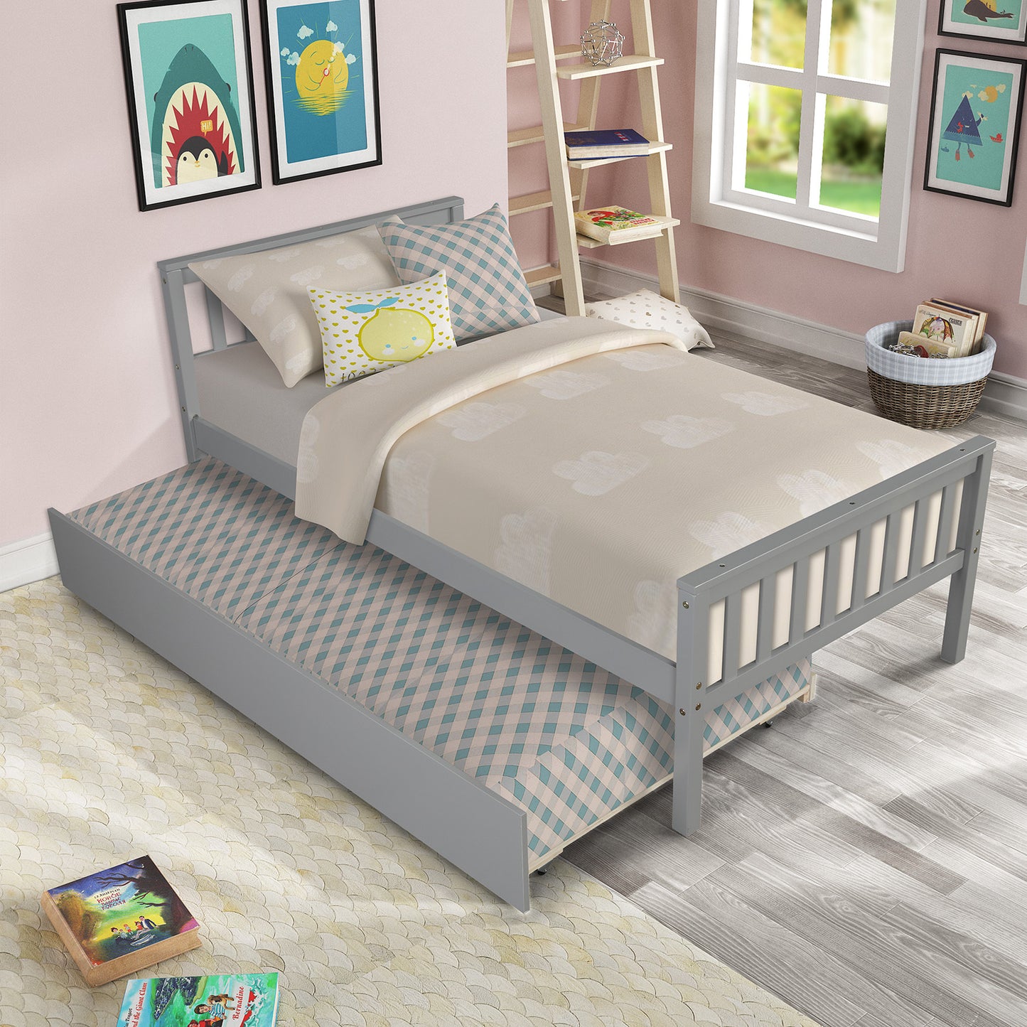 Grey Twin Platform Bed with Trundle – Space-Saving Frame with Headboard & Footboard, No Box Spring Needed