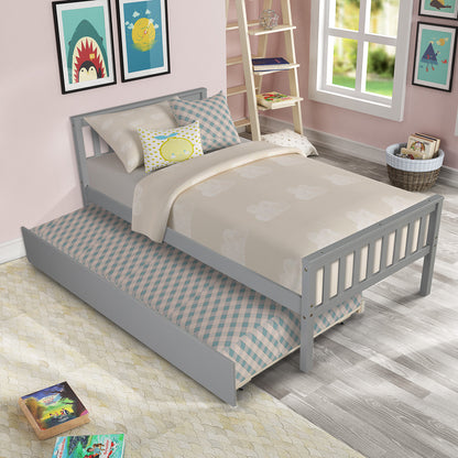 Grey Twin Platform Bed with Trundle – Space-Saving Frame with Headboard & Footboard, No Box Spring Needed